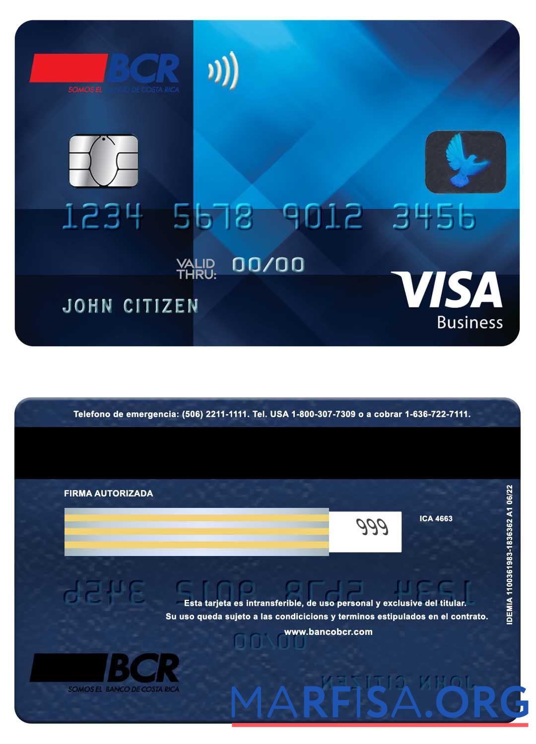 Blank Costa Rica The Bank of Costa Rica (BCR) visa business card template